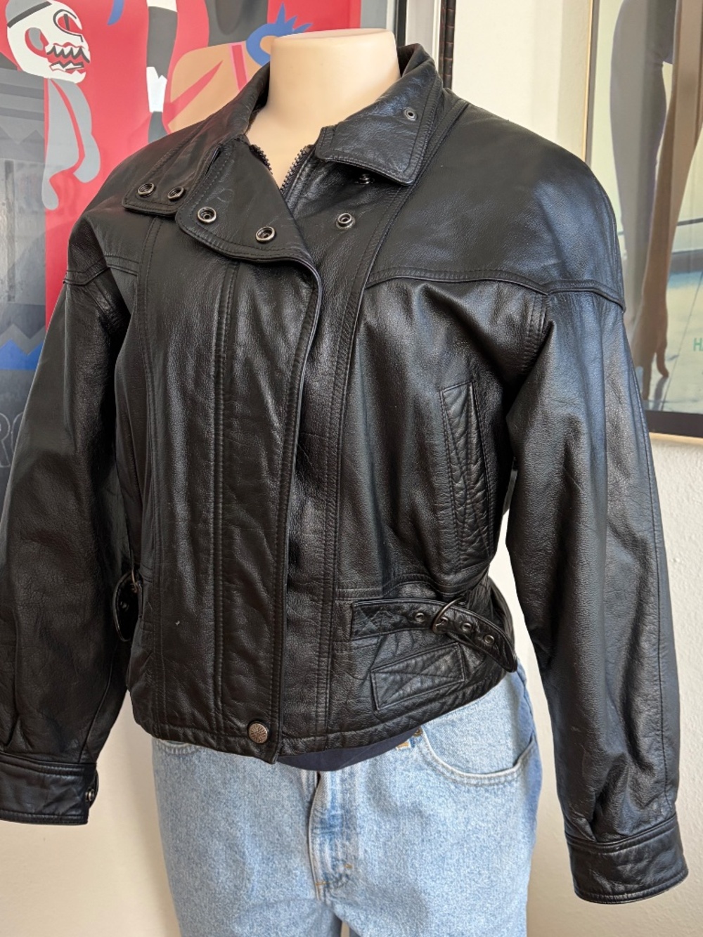 Vintage 1980s Wilson's Leathers Womens Black Leather Bikers Jacket.